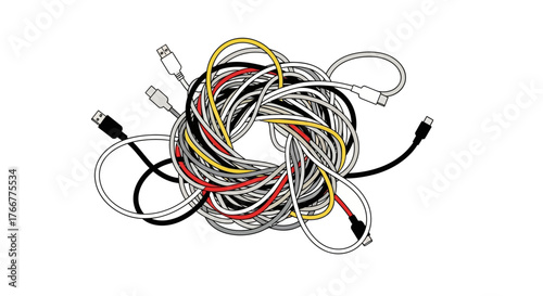 Tangled mess various electronic cables and cords with usb connectors, , representing connectivity, technology, and disorganization