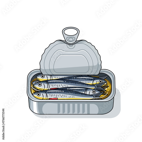 Open can sardines in oil, , preserved fish in tin container, common seafood product for consumption and cooking