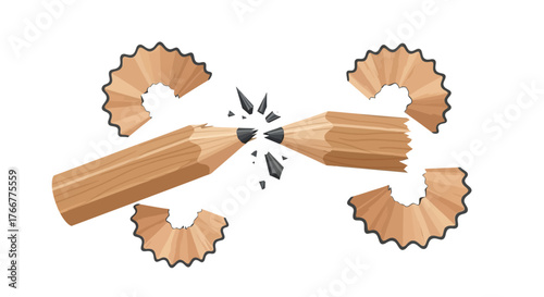 Two wooden pencils breaking in the middle with pencil shavings around them