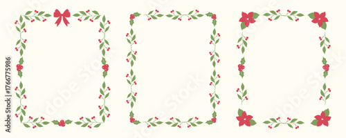 Hand drawn Christmas borders with leaves, berries, mistletoe and bow. Holiday frame design for poster, card, invitation.