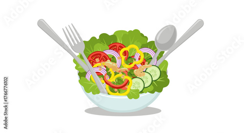 Delicious fresh vegetable salad with lettuce tomato cucumber onion pepper and healthy salad dressing recipe