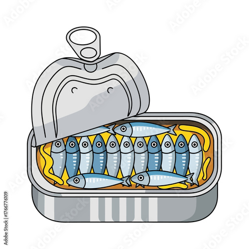 An open tin can filled with many small sardines packed in oil, popular preserved seafood product, isolated on