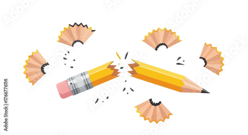 Broken yellow pencil with pencil shavings and graphite dust scattered around it