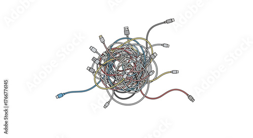 Tangled mess colorful network cables with rj45 connectors