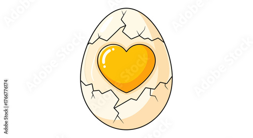 Cracked egg with golden heartshaped yolk inside