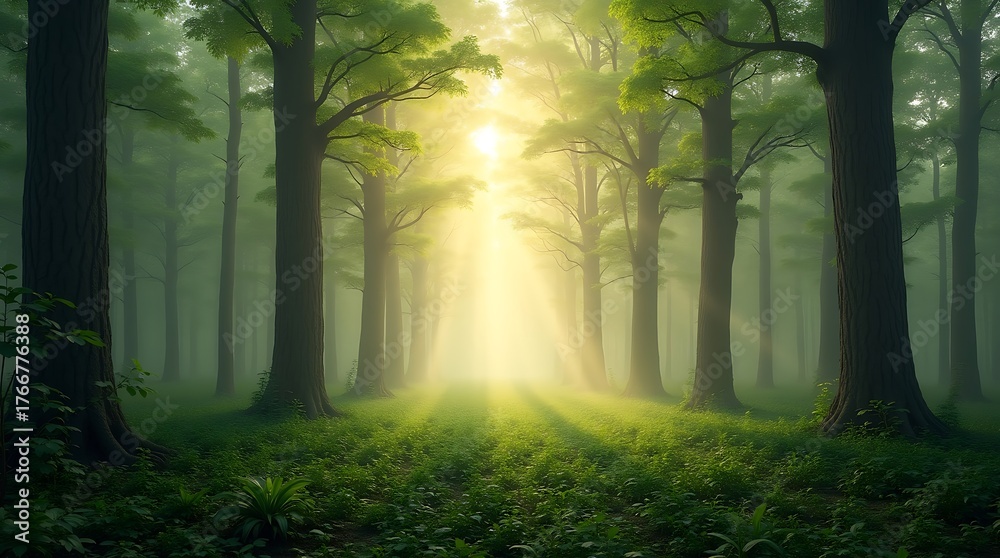 Obraz premium Mystical Morning Mist in a Dense Green Forest with Golden Sunlight