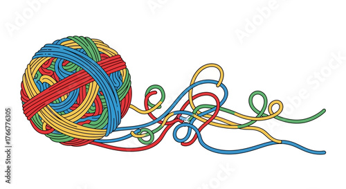 Colorful ball yarn with loose strands unraveling, symbolizing creativity, crafts, and hobbies
