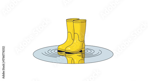 Pair yellow rubber boots standing in puddle with ripples, isolated on, representing rain or outdoor activity