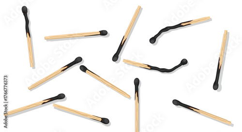 Collection burnt matchsticks scattered on, some bent and broken, representing used or finished matches