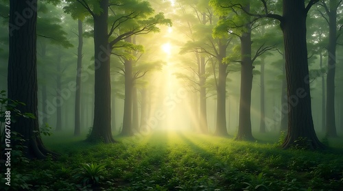 Mystical Morning Mist in a Dense Green Forest with Golden Sunlight
