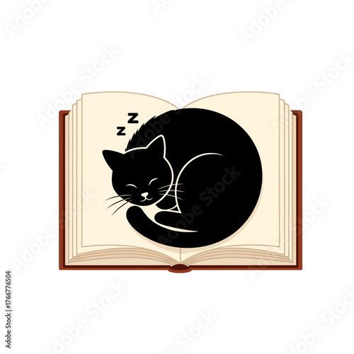 Black cat curled up asleep on an open book, with zzz symbols indicating sleep, representing cozy, peaceful, and studious moment
