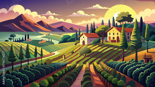 ChatGPT said:

Very beautiful, vineyards with grapevine and winery along wine road in the evening sun, Europe, golden countryside landscape, lush green rows, tranquil rural scenery, and warm glowing 