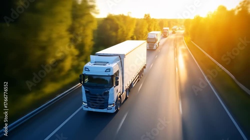White semi trucks are driving on a highway surrounded by green trees backlit by sunlight and golden sun rays at sunset on a blur motion Semitruck Road Transport