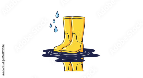 Yellow rubber boots standing in puddle water with raindrops falling