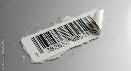 Peeled and Damaged Barcode Label on Light Gray Surface
A used, rectangular barcode sticker, displaying the number 