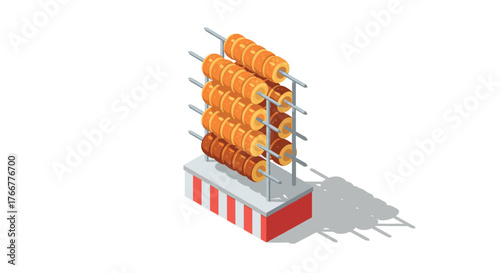 Isometric bagel stand display with colorful assortment on white background