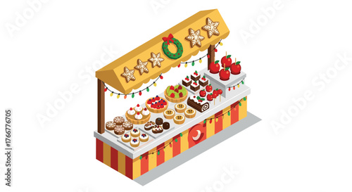 Festive holiday market stall with christmas desserts and delicious treats