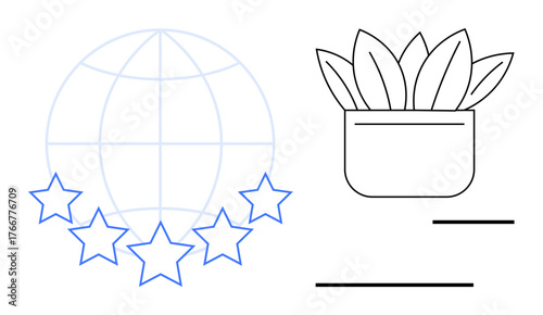 Globe with five stars for global excellence and growth, paired with a leafy potted plant symbolizing sustainability. Ideal for business quality, success, sustainability, environmental themes