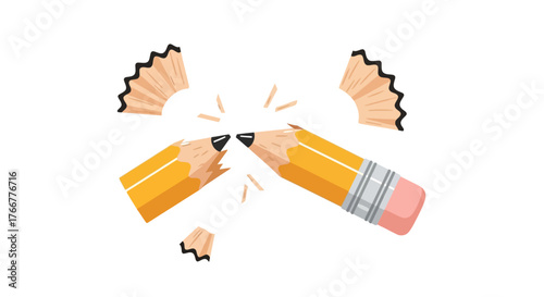 Broken yellow pencil with graphite shavings flying off, symbolizing creative block, frustration, or the end an idea