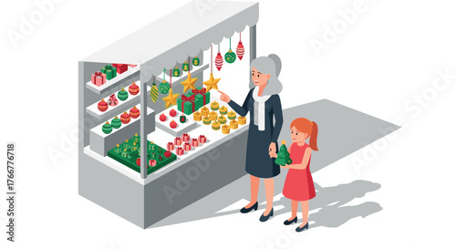 Family shopping at festive christmas market stall in isometric style