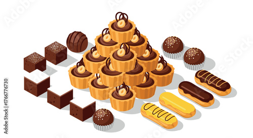Isometric dessert assortment with cupcakes, eclairs, and truffles