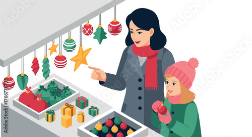 Mother and daughter shopping for christmas decorations with cheerful expressions