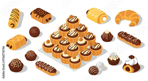 Assorted pastries and sweets in isometric style