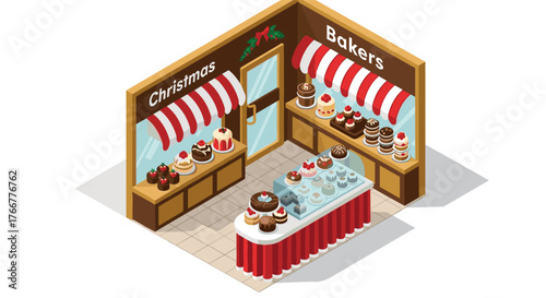 Festive bakery corner with christmas decor and delicious treats in isometric style