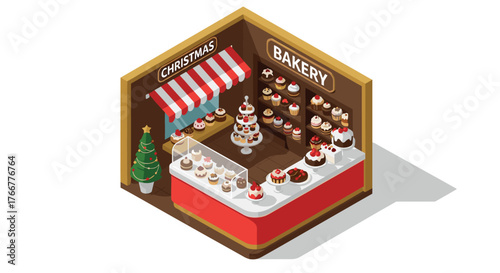 Festive isometric bakery display with christmas pastries and decorations