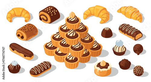 Isometric pastry delight: assorted sweet treats with cupcakes, croissants, and chocolates
