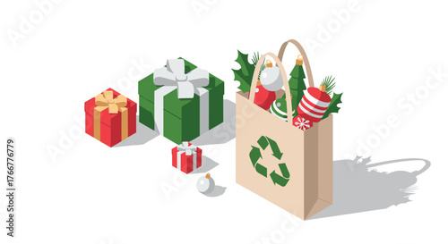 Eco-friendly christmas gift concept with recyclable bag and festive decorations in isometric style