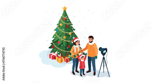 Festive family photo shoot by the christmas tree with gifts