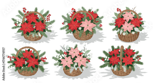 Festive floral baskets with poinsettias and greenery in woven designs