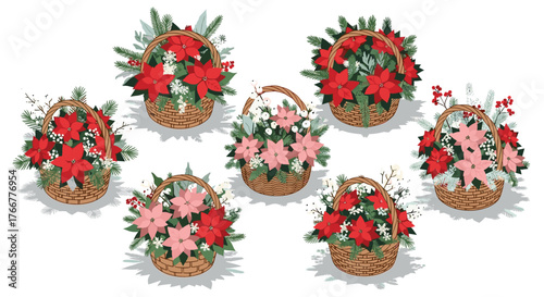 Festive basket arrangements featuring poinsettias in woven containers with holiday greenery