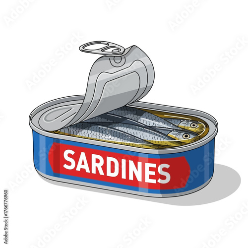 An opened tin sardines with the lid peeled back, revealing the fish inside