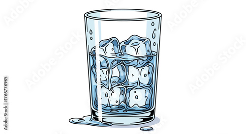 Clear glass filled with ice cubes and water, showing condensation and small puddle on, representing refreshment and cold drink