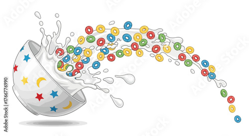 Colorful cereal loops and milk splashing out decorative bowl with stars and moons