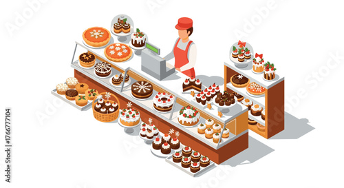 Isometric bakery display with christmas cakes and pastries