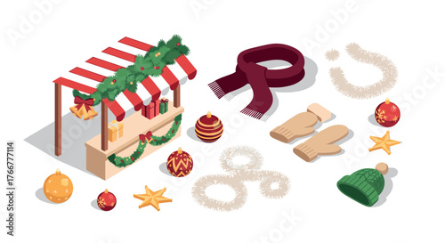 Festive market stall with christmas decorations and winter accessories in isometric design