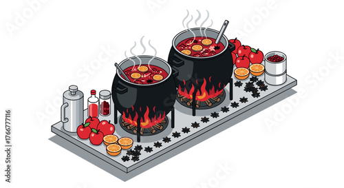 Isometric cooking scene with hot pots, ingredients, and spices