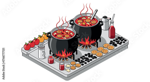 Isometric kitchen scene with hot pots of steaming soup and fresh ingredients