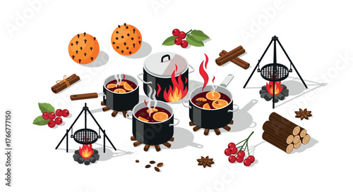 Cozy autumn cooking scene with mulled wine and seasonal ingredients in isometric design