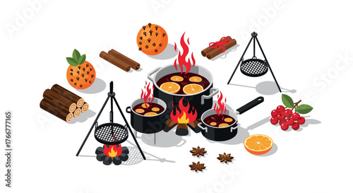 Isometric winter mulled wine ingredients with spices and fruits