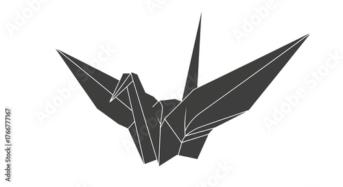 Single dark gray origami paper crane folded meticulously, symbolizing peace, hope, and good fortune