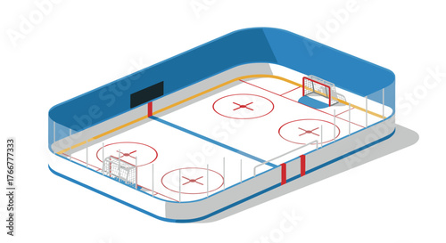 Isometric ice hockey rink with blue boards and red markings