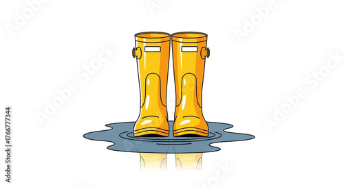 Pair yellow rubber boots standing in puddle, , suggesting rain or wet conditions