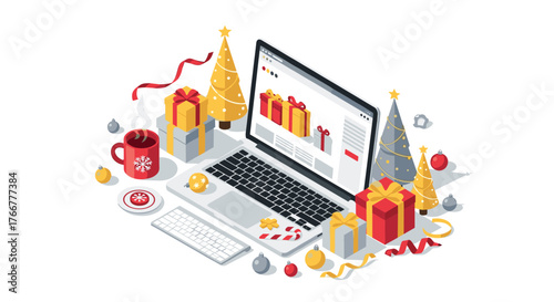 Christmas online shopping with laptop and holiday gifts in isometric flat design
