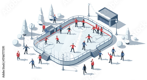 Winter ice skating rink scene with people enjoying seasonal outdoor activity
