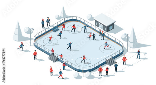 Isometric winter ice skating scene with people in red coats on outdoor rink