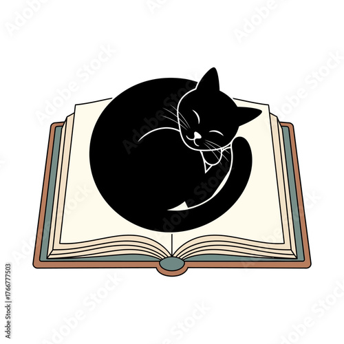 Black cat curled up asleep on an open book, isolated on, representing love for reading and peaceful feline